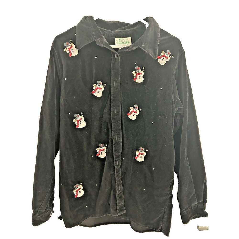 The Quaker Factory Woman Black Velvet Top Snowmen Novelty Fun Winter medium